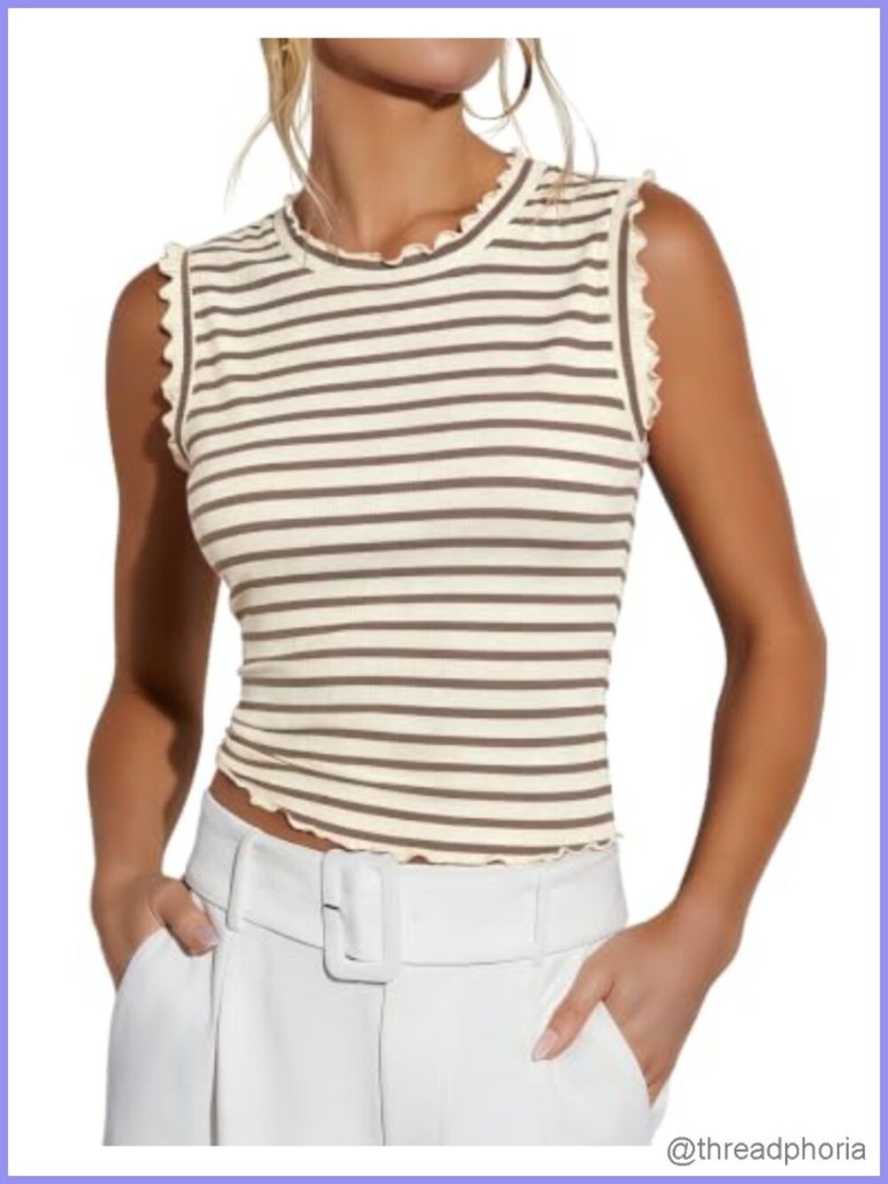 Women's Ribbed Knit Tank Top Sleeveless Ruffle Trim Business Casual
